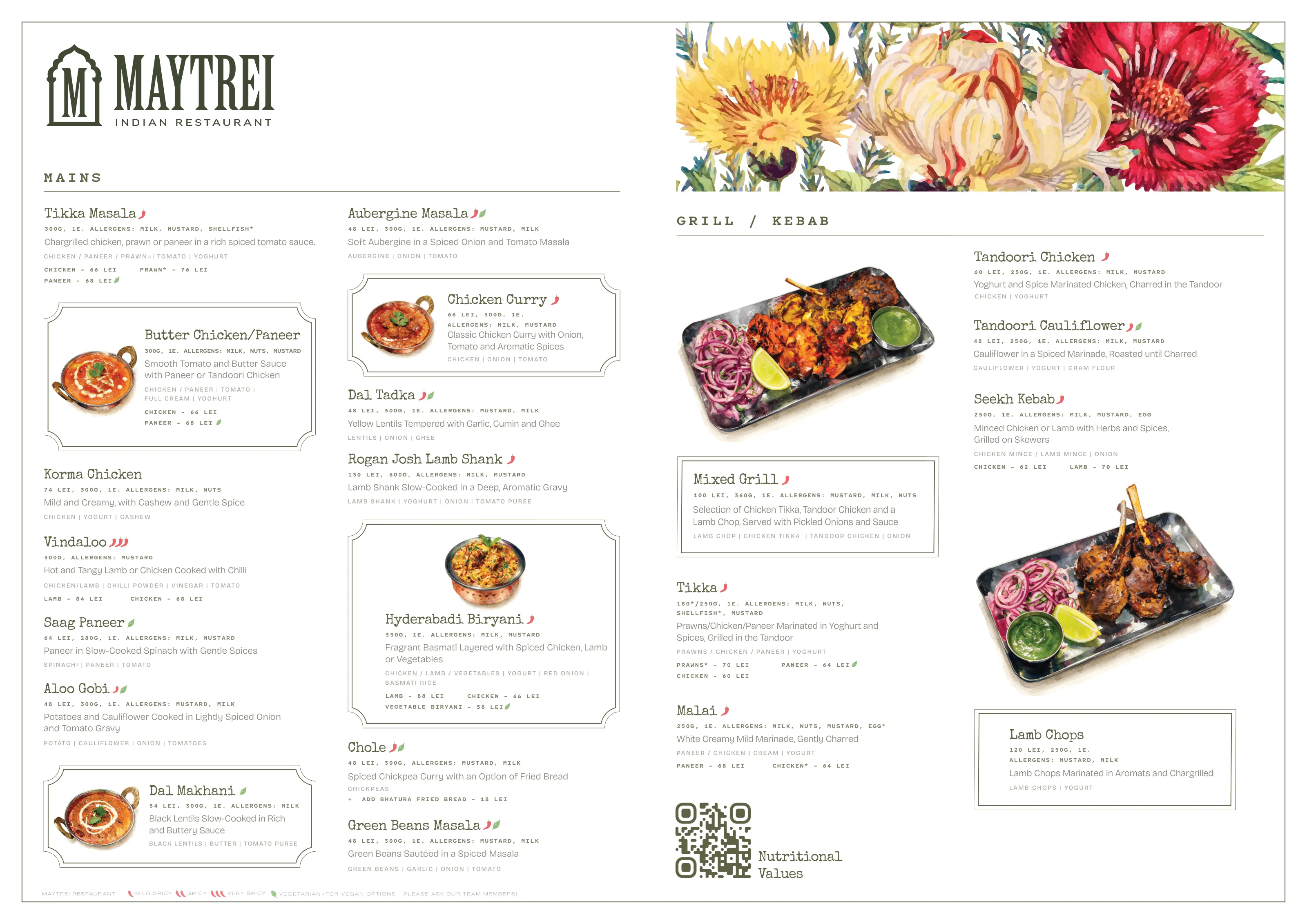 The printed menu — Mains · Grill and kebab
