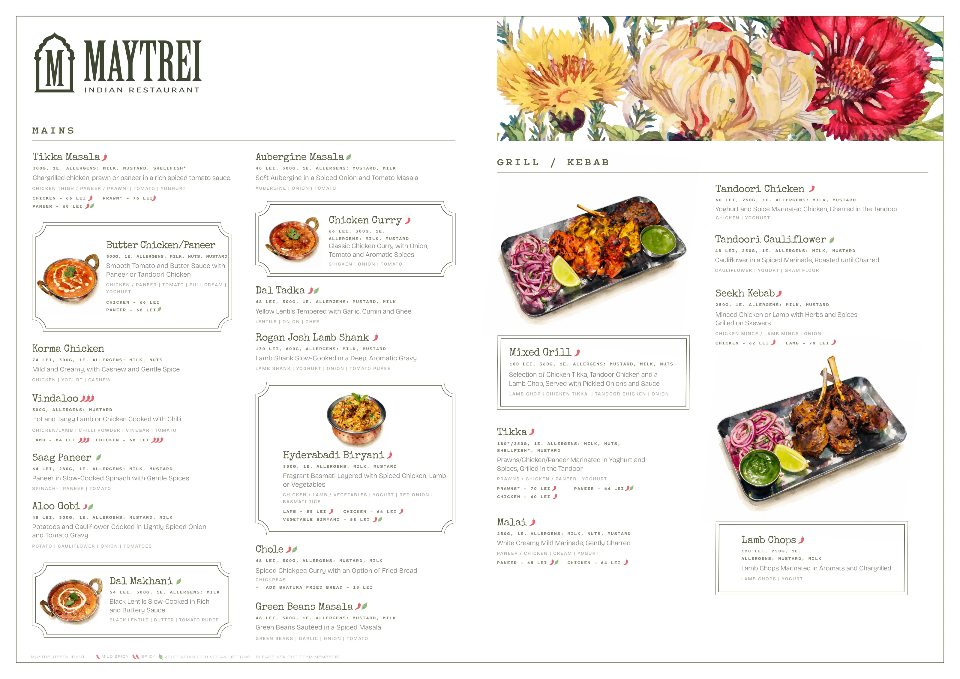 The printed menu — Mains · Grill and kebab