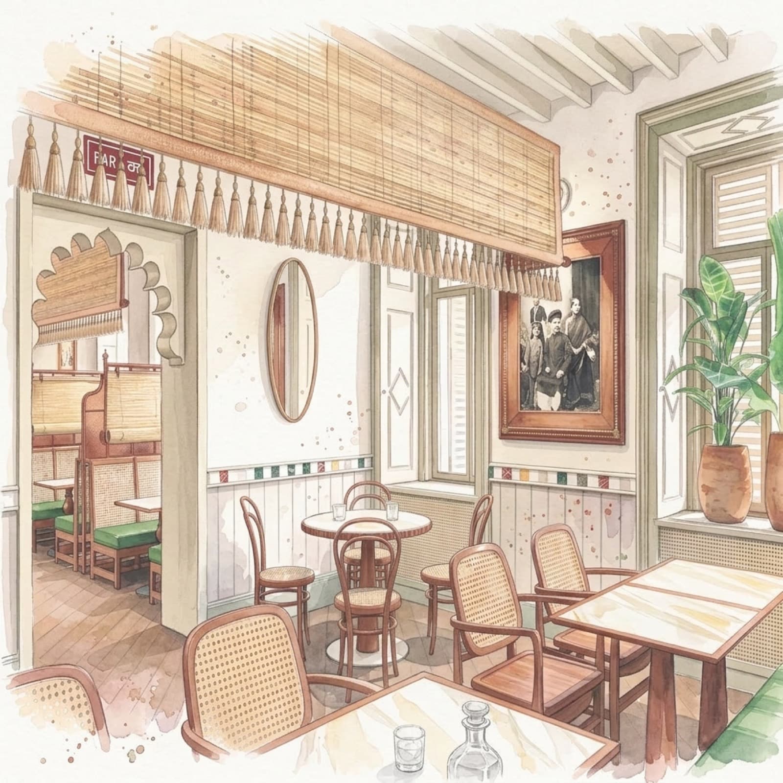 The Maytrei dining room: arches, cane chairs, bamboo blinds and plants