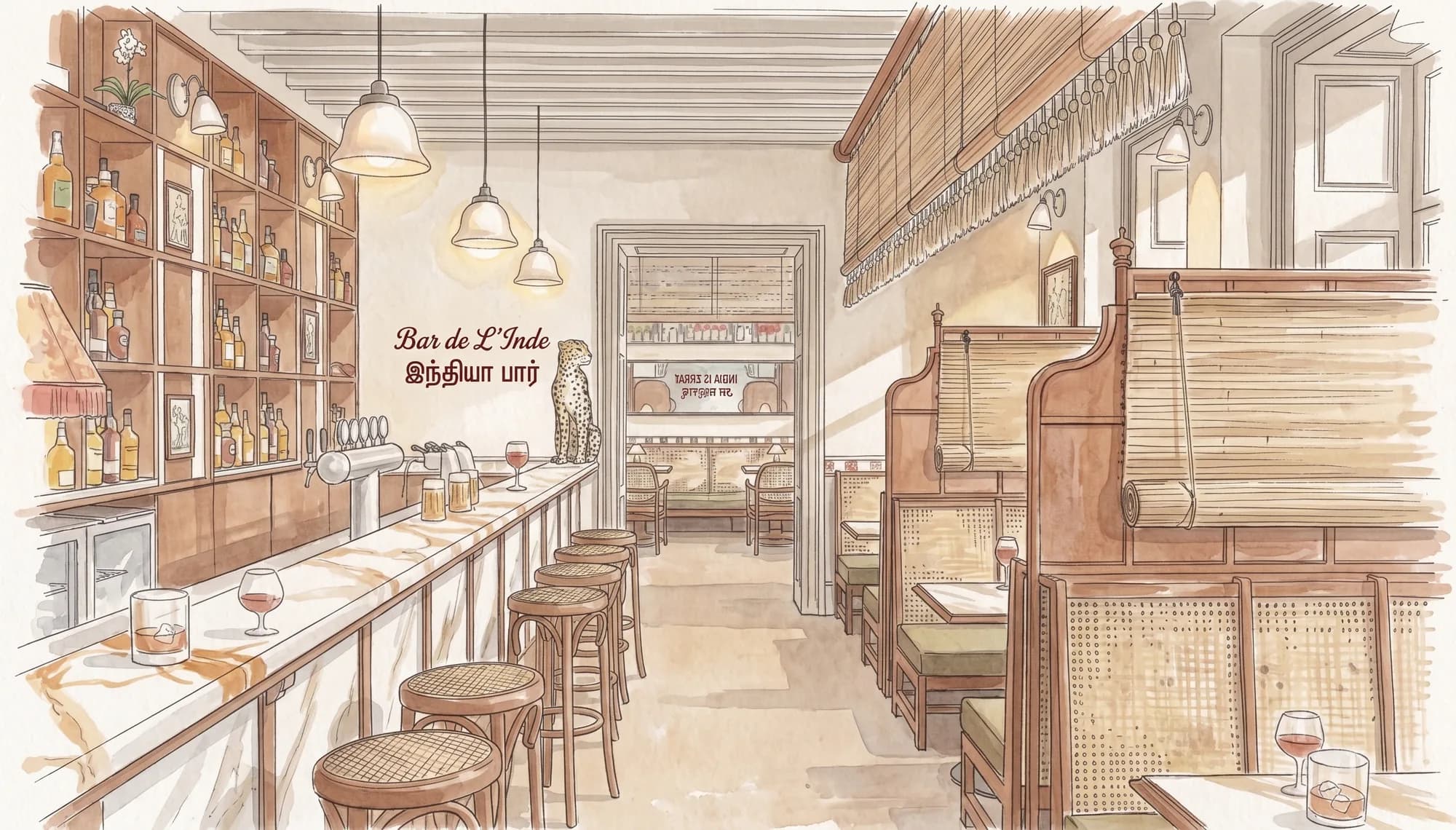 The Bar de L’Inde, its marble counter, stools and cane booths