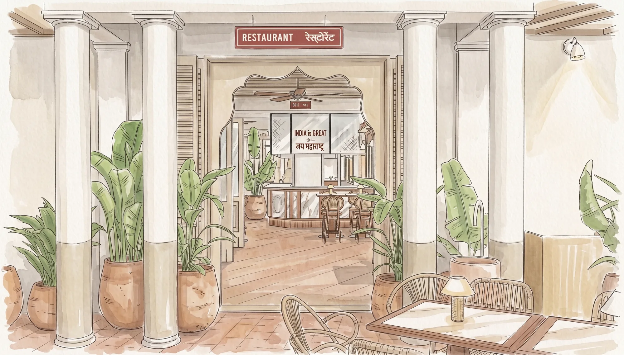 The restaurant entrance between the columns, under the enamel RESTAURANT sign