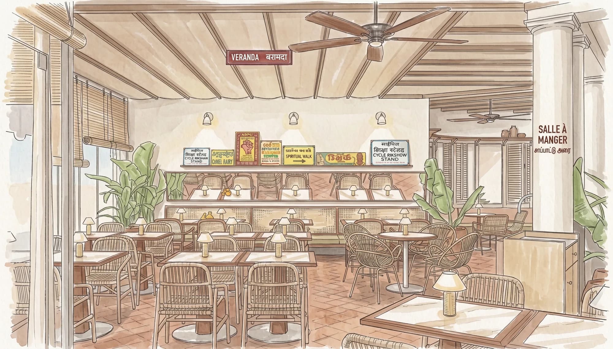 The veranda, with rattan tables, table lamps and enamel Indian signs