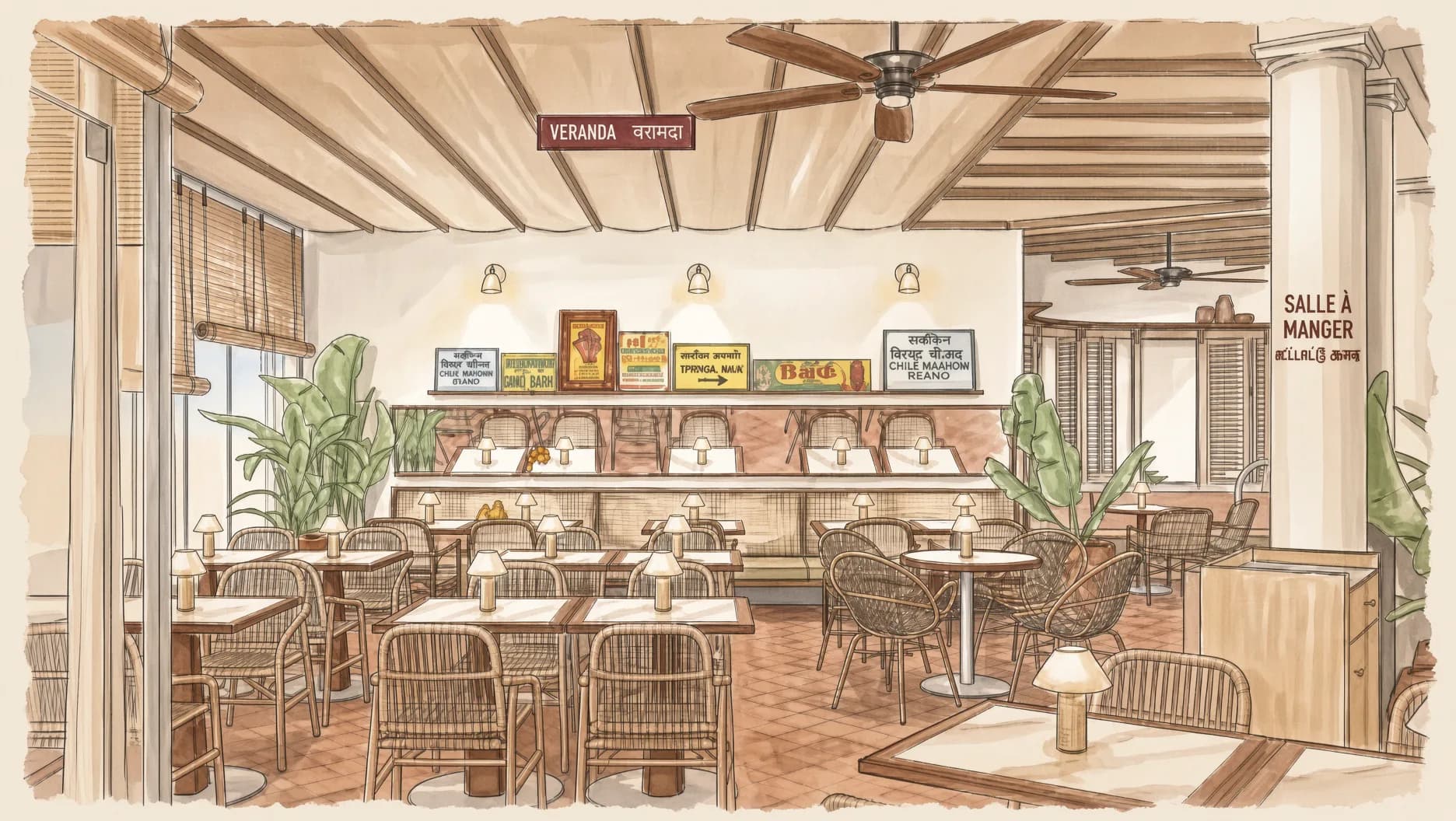 The veranda, with rattan tables, table lamps and enamel Indian signs
